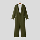 Wiaofellas  -  Men Jumpsuits Solid Color V Neck Long Sleeve Button Casual Male Rompers Streetwear Backless Hollow Out Fashion Overalls