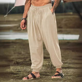 Wiaofellas  -  Fashionable Loose Cotton Linen Casual Pants for Men Color Harlan Long Pants Straight Leg Mid Waist Trousers