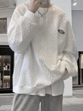 Wiaofellas  -  Autumn Men's Oversized Waffle Crewneck Sweatshirts Appliques Long Sleeve Pullover Hoodies Korean Fashion Y2K Streetwear Sudadera
