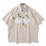 WIAOFELLAS  -  Men Shirt Summer Funny Plush White Goose Embroilery Short Sleeve Button Up Shirts HipHop Harajuku Casual Loose Streetwear Shirt