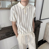 WIAOFELLAS  -  Summer New Men's Striped Knitted Short-Sleeved T-Shirt Retro Fashion Trend Casual Simple Loose Breathable Business Men's Tops