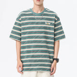 Wiaofellas  -  Summer new men's casual striped short-sleeved T-shirt pure cotton loose base shirt