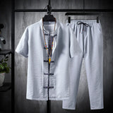 Wiaofellas  -  Shirts + Pants Summer Cotton Linen Shorts Sleeve Men's Casual Sets Male Fashion Trousers and Shirts Men Full Size M-5XL