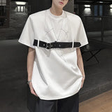 WIAOFELLAS  -  Niche Design Men's T-shirts Round Collar Belt Decoration Contrast Color Short Sleeved Shoulder Pads Loose Male Tops