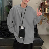 WIAOFELLAS  -  Men Shirt Solid Color O-neck Long Sleeve Casual Men Clothing Streetwear Loose Korean Style Shirt Fashion Male Tops S-5XL