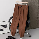 Wiaofellas  -  Men Pleated Dress Pants with Belt Business Casual Non-Iron Straight Trousers Male Solid Color Ankle Length Office Work Pants