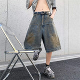 WIAOFELLAS  -  Vintage Men Gradient Soliced Big Pocket Denim Shorts Fashion High Street Loose Straight Short Pants Male Summer