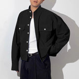WIAOFELLAS  -  Men Shirt Solid Color Stand Collar Long Sleeve Button Men Clothing Streetwear Fashion Loose Casual Tops Male Shirts