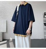 WIAOFELLAS  -  Fashion New Men's Spliced Plaid Fake Two Pieces Casual T-shirt Trendy Turn Down Collar Short Sleeve Tops Male Summer