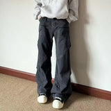 Wiaofellas  -  American Retro Baggy Denim Pants for Unisex Ruched Folded Wide Leg Jeans Multi Pocket Cargo Style Loose Casual Trousers