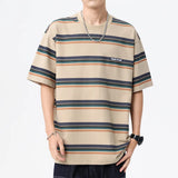 Wiaofellas  -  Summer new fashion men's retro striped short sleeve T-shirt Fashion loose bf style casual T-shirt