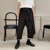 Wiaofellas  -  Men Double-Layer Irregular Pleated Wide-Leg Pants New Genderless Dark Style Retro Loose Solid Color Nine-Point Pants Unisex