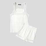 WIAOFELLAS  -  Men Sets Mesh Patchwork O-neck Sleeveless Tank Tops & Shorts Two Pieces Sets See Through Streetwear Fashion Men's Suits