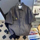 Wiaofellas  -  Bear Embroidery Denim Short Sleeve Shirt Men Summer Thin Loose Five Sleeve Casual Shirt American Cool Leisure Outerwear