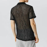 WIAOFELLAS  -  Summer Men's Pure Black Lapel Sweater Loose See-through Short-sleeved T-shirt Men's Bar Dancing Sexy Mesh Shirt