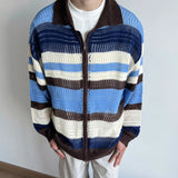Wiaofellas  -  Contrast Color Striped Dual Zippers Cardigan Japanese Hollow Out Men and Women Jackets Y2k Aesthetic Streetwear Women Tops