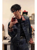 WIAOFELLAS  -  Retro American Design Spring Plaid Patchwork Distred Denim Jaet Men Loose Cool Couple Outerwear Long Sve Button up