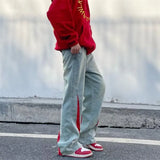 Wiaofellas  -  2000S Clothes Y2K Fashion Washed Blue Drawstring Baggy Jeans Pants Men Clothes Straight Hip Hop Patchwork Male Denim Trousers