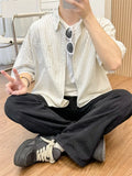 WIAOFELLAS  -  Men's Oversized Striped Casual Shirt - Korean Fashion Trend Short Sleeve Button-Down Collared Top  Stylish Layered Streetwear