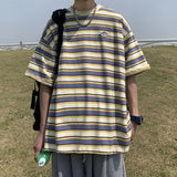 WIAOFELLAS  -  Japanese Striped Spliced Short-sleeved Shirt Summer Cityboy O-Neck T-shirt Oversize Pure Cotton Green Shirt Preppy Streetwear