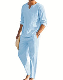 WIAOFELLAS  -  2pcs Set Men's Shirt and Pants Suits for Men Small V-neck Beach Wear Tracksuit Solid Color Shirts Sweatpants Hawaiian Vacat