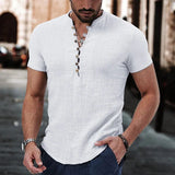 Wiaofellas  -  Men's Short Sleeve Linen Shirt Summer Lightweight Casual V-Neck T-Shirt Men Basic Solid Color Loose Fit Top