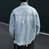 WIAOFELLAS  -  Niche Design Men's Denim Coats Solid Color Holes Raw Edge Pocket Single Breasted Casual Menswear Loose Male Jackets