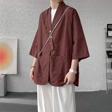 WIAOFELLAS  -  Niche Design Men's Shirts V-neck Solid Color Button Desig Ice Silk Big Pocket Casual Male Tops Summer Menswear