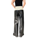 Wiaofellas  -  Original Designer Men's Denim Leather Matching Three-dimensional Cut Color Matching All Straight Leg Wide Pants