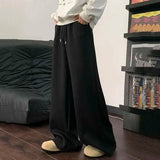 WIAOFELLAS  -  Koreann Style Men Sweatpants Casual Solid Color Drawstring Straight Fleece Bottom Elastic Waist Wide Leg Male Pants