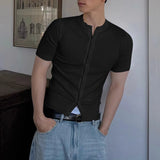 WIAOFELLAS  -  Men Shirt Solid Color Knitted O-neck Short Sleeve Button Casual Men Clothing Korean Style Streetwear Fashion Male Shirts