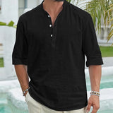 Wiaofellas  -  Retro Mens Loose Breathable Half Sleeve Tops Summer Casual Solid Color Pullover Men Daily Leisure Stand Collar Button-up Shirts