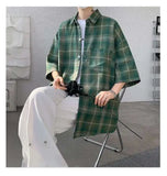 WIAOFELLAS  -  Trendy Vintage Men's Plaid Short Sleeved Casual Trousers Fashion Summer Single-breasted Turn-down Collar Shirts Male