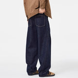 Wiaofellas  -  Men Raw Dark Wash Baggy Jeans Contrast Stitch Wide Leg Curved Cut Denim Pants Vintage Straight Loose Casual Street Trousers