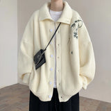WIAOFELLAS  -  Men's Embroidery New Sweater Cardigan Coat Autumn Turn-down Collar Casual Jackets Knitted Sweater Knit Jumper Rice White/Black