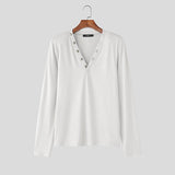 WIAOFELLAS  -  Men T Shirt Solid Color V Neck Long Sleeve Casual Male Tee Tops Streetwear Knitted Fashion Leisure Men Clothing S-3XL
