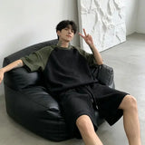 Wiaofellas  -  Men Summer Color Block Knit 2 Piece Set Loose Breathable Short Sleeve Top + Shorts Casual Outfit