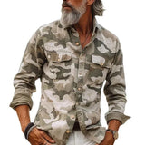 Wiaofellas  -  Men's Printed Lapel Long Sleeve Loose Shirt Multi-Pocket Casual Men's Work Shirt