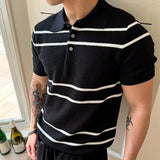 Wiaofellas  -  Daily Leisure Mens Slim Polo Shirts Knitted Short Sleeve Buttoned Turn-down Collar Polo Shirt Summer Casual Striped Knitting Top