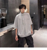 WIAOFELLAS  -  Fashion Men's Solid Color Button American Style T-shirt Trendy Stand Colar Short Sleeves Casual Top Male 2025 Summer