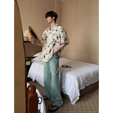 WIAOFELLAS  -  Korean Version of Retro Drooping Thin Tie-dye Short-sleeved Cuban Collar Shirt Men's Summer Floral Loose Hong Kong Style Top