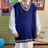 WIAOFELLAS  -  Sweater Vest Men Retro V-neck Vintage Campus Fashion Winter Japanese College DK Loose Basic Knitting All-match Trendy Chandails