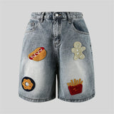 WIAOFELLAS  -  Denim Short Men Hip Hop Baggy Jeans Men Streetwear Vintage Y2K Harajuku Straight Gingerbread Man Appliques Washed Mens Shorts