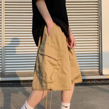 WIAOFELLAS  -  Khaki 7-point Men Summer Thin Japanese Workwear Wide-leg Loose Over-knee Shorts