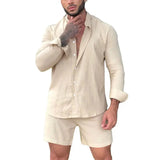 Wiaofellas  -  Men's Shorts Set Button-up Long Sleeve Shirt + Shorts Casual Beach Outfits Men Two Piece Tracksuit Fashion Streetwear
