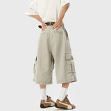 WIAOFELLAS  -  Summer Cotton Casual Pants Men Pocket Cargo Pants Men Japanese Streetwear Hip-hop Loose Wide Leg Pants Mens Calf-Length Pants