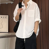 WIAOFELLAS  -  White Ice Silk Casual irt ort Sve Men Summer High End Feel CleanFit Seven Sve Summer Thin Outerwear Loose Fit Youth