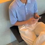 WIAOFELLAS  -  Mens Knit Polo Shirt Textured Weave Hollow Korean Niche Summer Short Sleeve Top Breathable Thin Relaxed Fit lapel Daily Mens Top