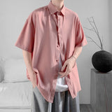 WIAOFELLAS  -  Simple Men's Shirts Turn-down Collar Ice Silk Solid Color Short Sleeved Loose Menswear Single Breasted Male Tops