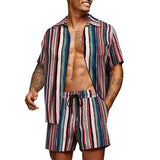 Wiaofellas  -  Summer Two Piece Mens Striped Printed Sets Short Sleeve Lapel Shirts And Shorts Suits Men Streetwear Casual Outfits Male Clothes